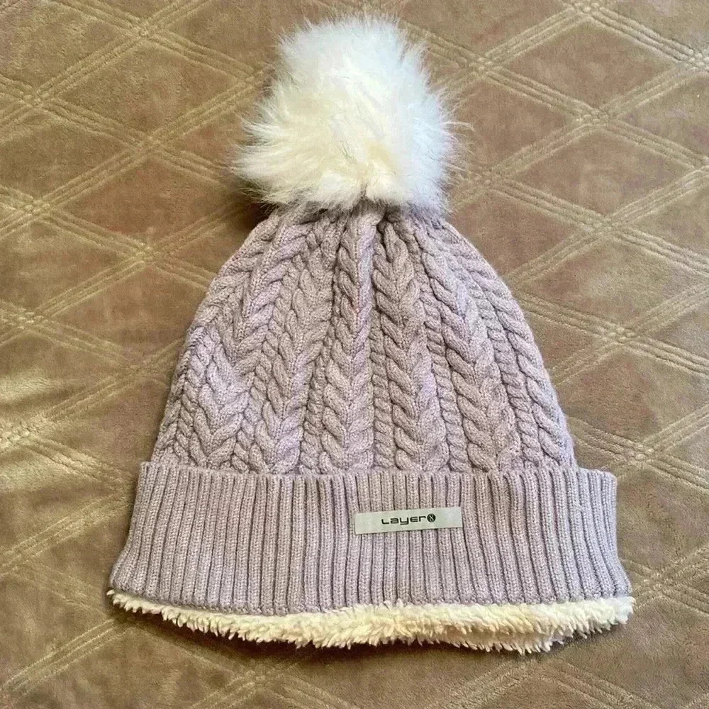 Layer Pale Lavender One Size Fits All Sherpa Lined Beanie Hat with PomPom.